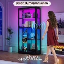 Glass Display Cabinet with RGB Light 7-Tier Show Case with Large Shelf, Black