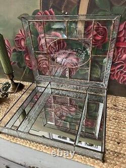 Glass Jewelry Box Vintage Leaded Etched Beveled Glass Keepsake Display Case 11