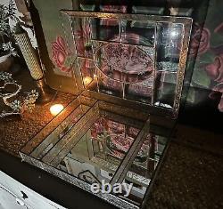 Glass Jewelry Box Vintage Leaded Etched Beveled Glass Keepsake Display Case 11