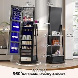 Gurexl 360° Swivel Jewelry Cabinet Standing, Lockable RGB Full Length Mirror