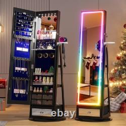 Gurexl 360° Swivel Jewelry Cabinet Standing, Lockable RGB Full Length Mirror