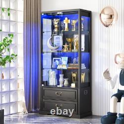 Gurexl Display Case with LED Light, Display Cabninet with Adjustable Glass Height