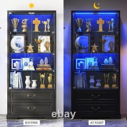 Gurexl Display Case with LED Light, Display Cabninet with Adjustable Glass Height