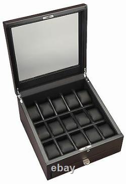 High Quality 15 Watch Rustic Brown Display Case / Storage Box with See Through Top