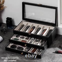 Knife Display Case 15 Wood Black Pocket Knives Holder EDC Storage Organizer Box