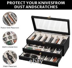 Knife Display Case 15 Wood Black Pocket Knives Holder EDC Storage Organizer Box