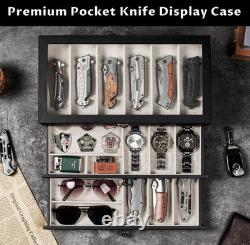 Knife Display Case 15 Wood Black Pocket Knives Holder EDC Storage Organizer Box