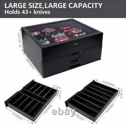 Knife Display Case 43+ Wood Black EDC Pocket Knives Watch Organizer Storage Box