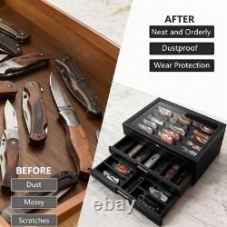 Knife Display Case 43+ Wood Black EDC Pocket Knives Watch Organizer Storage Box