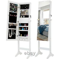 LED Jewelry Cabinet with Bevel Edge Full Size Mirror Standing Armoire Organizer US