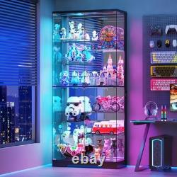 LED RGB Curio Cabinet, Lockable Clear Glass Display Case for Lego & Collectible