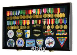 Large Military Medals Flag Pins Ribbons Patches Display Case Cabinet Shadow Box
