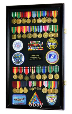 Large Military Medals Flag Pins Ribbons Patches Display Case Cabinet Shadow Box