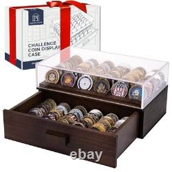 Large Wooden Challenge Coin Display Case Holder for 72 Coins with Drawer Brown