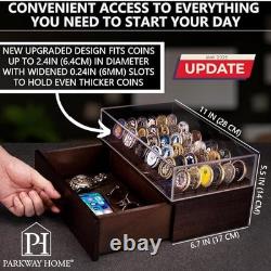 Large Wooden Challenge Coin Display Case Holder for 72 Coins with Drawer Brown