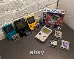 Lot of 4 Nintendo GameBoy Console Systems, games, 1 Factory Box and display case