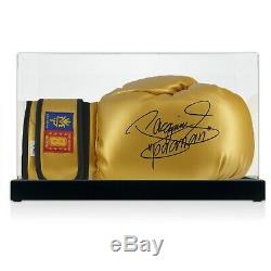 Manny Pacquiao Signed Gold Boxing Glove. In Display Case