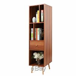 Mid Century Bookshelf Tower Bookcase Box with Drawer Display Home Furniture Brown
