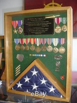 Military 3x5 Flag Medals Ribbons Shadow Box Display Case Solid Wood Pcs Gift
