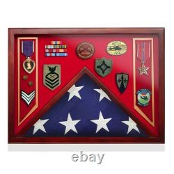 Military Shadow Box Display Case for Burial Flag, Medals USMC Red Velvet