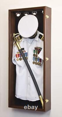 Military Uniform Display Case Cabinet LED Light Walnut Army Shadow Box Gun 45
