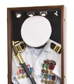 Military Uniform Display Case Cabinet LED Light Walnut Army Shadow Box Gun 45