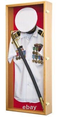 Military Uniform Display Case Cabinet LED Light Walnut Army Shadow Box Gun 45