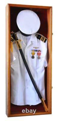 Military Uniform Display Case Cabinet LED Light Walnut Army Shadow Box Gun 45