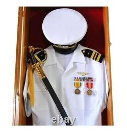 Military Uniform Display Case Cabinet LED Light Walnut Army Shadow Box Gun 45