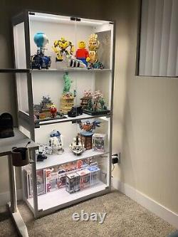 Minifigures Display Case 4 Tier LED Gray Figure Diecast Model Car Glass Cabinet