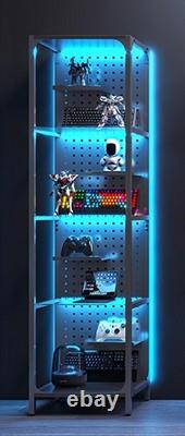 Minifigures Display Case 4 Tier Steel & Glass LED Light Figure Pegboard Cabinet
