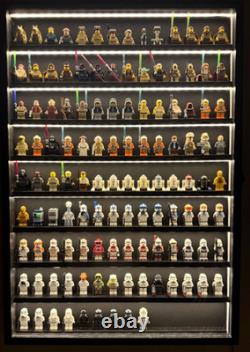 Minifigures Display Case LED Light Miniature Figure Cabinet Wood Box With Plates