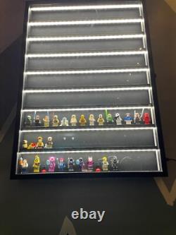 Minifigures Display Case LED Light Miniature Figure Cabinet Wood Box With Plates