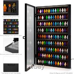 Minifigures Display Case LED Light Miniature Figure Cabinet Wood Box With Plates