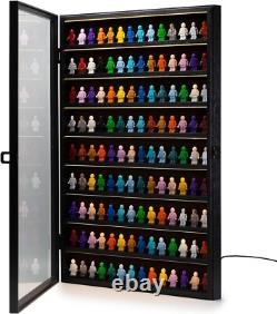 Minifigures Display Case LED Light Miniature Figure Cabinet Wood Box With Plates