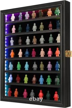 Minifigures Display Case RGB LED Light Action Figure Cabinet Wood Box With Plates