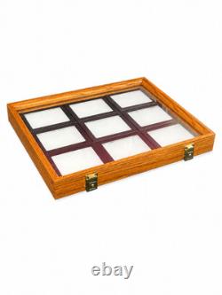 Oak Wood Display Case Glass Top Lid Holds NINE 5 x 4 Riker Displays INCLUDED
