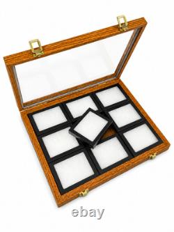 Oak Wood Display Case Glass Top Lid Holds NINE 5 x 4 Riker Displays INCLUDED