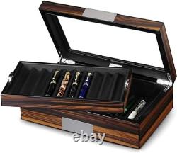 Pen Display Case Ebony Wood Storage Box with Glass Window, Holds 20 Fountain P