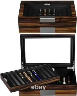Pen Display Case Ebony Wood Storage Box with Glass Window, Holds 20 Fountain P