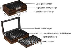 Pen Display Case Ebony Wood Storage Box with Glass Window, Holds 20 Fountain P