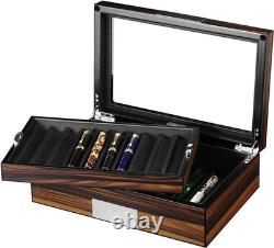 Pen Display Case Ebony Wood Storage Box with Glass Window, Holds 20 Fountain P