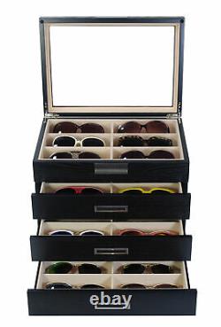 Personalized 24 Black Wood Eyeglass Display Case Drawer Storage Sunglass Box