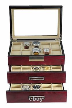 Personalized 30 Watch Cherry Wood Display Extra Height Storage Jewelry Box