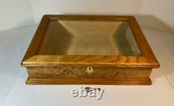 Powell Burl Wood and Bevelled Glass Lid Display Case Box with Key