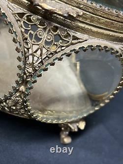 RARE ORNATE Antique VICTORIAN Beveled Glass JEWELRY Casket Trinket Ormolu 5 side