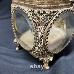 RARE ORNATE Antique VICTORIAN Beveled Glass JEWELRY Casket Trinket Ormolu 5 side