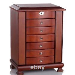 ROULING Brown Large Wooden Jewelry Box 7-Layer Rings Storage Organizer with Lock