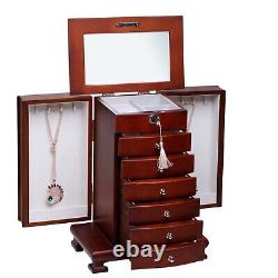 ROULING Brown Large Wooden Jewelry Box 7-Layer Rings Storage Organizer with Lock