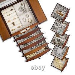 ROULING Brown Large Wooden Jewelry Box 7-Layer Rings Storage Organizer with Lock